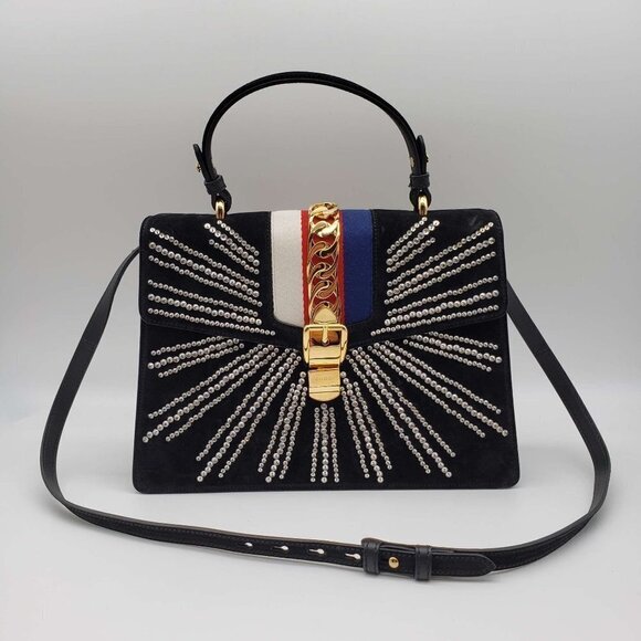 100% Authentic Gucci Sylvie Black Satin and Crystal Vintage Web Shoulder Bag - Picture 1 of 12